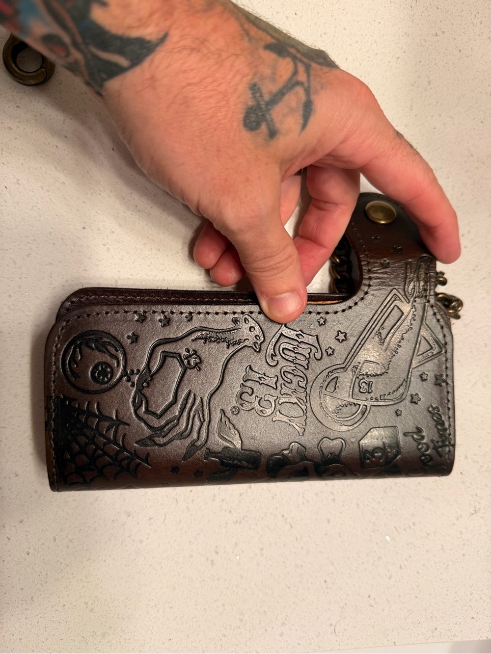 Embossed Dark Brown Leather Money Clip Wallet with Chain